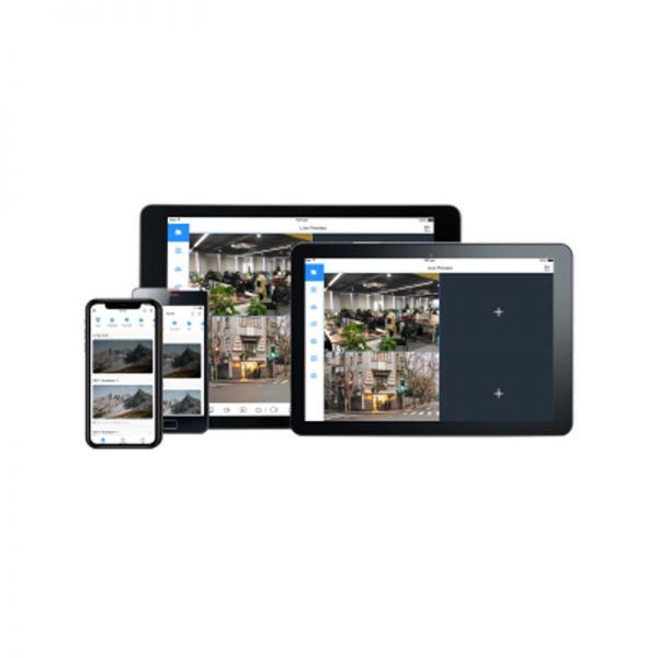 Two iPhones and two tablets showing the DMSS app being used.
